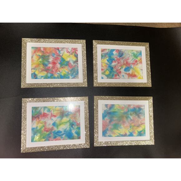 New Set of 4 Tie Dye Multicolored Glitter Gold Picture Frame Wall Art Home Decor - Picture 1 of 7